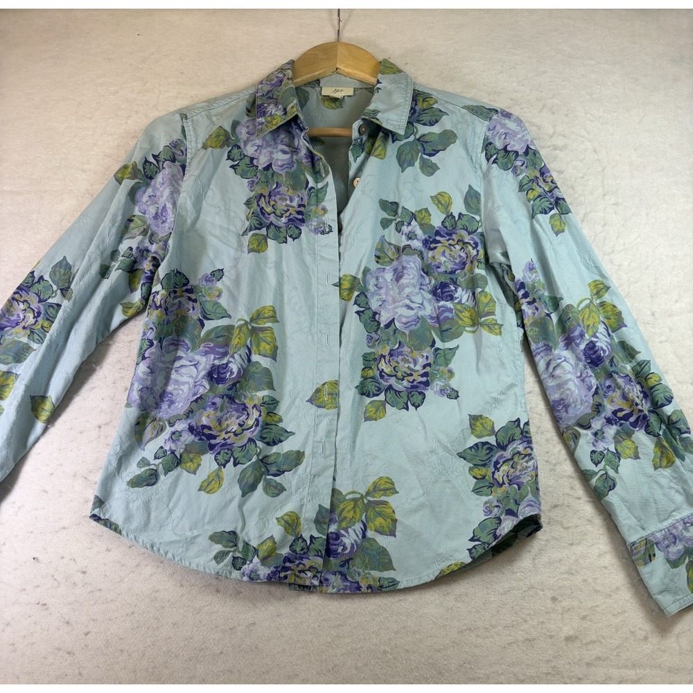 J Jill Blue Floral Textured Button Down Blouse Womens S Cotton L/SL